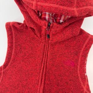 The North Face Fleece Vest Women M Red Hooded Full Zip Heathered Pockets